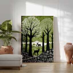 Green Woodland Deer Poster - Forest Landscape Wall Art Print Minimalist Wildlife Illustration - thumbnail 3