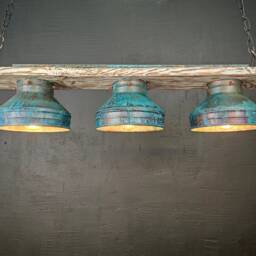 Patina Copper Pendant Light, Rustic Farmhouse Chandelier, Reclaimed Wood - thumbnail 2