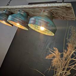 Patina Copper Pendant Light, Rustic Farmhouse Chandelier, Reclaimed Wood - thumbnail 3