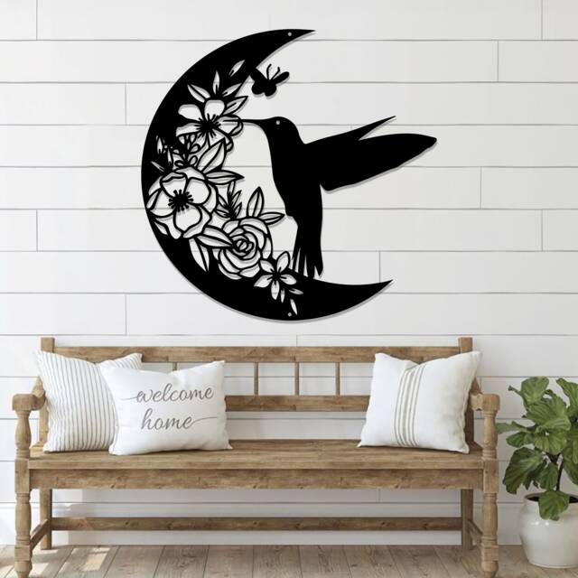 Humming Bird & Moon Metal Wall Art, Bird, Hangings, Decor, Housewarming Gift