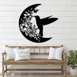 Humming Bird & Moon Metal Wall Art, Bird, Hangings, Decor, Housewarming Gift - thumbnail 1