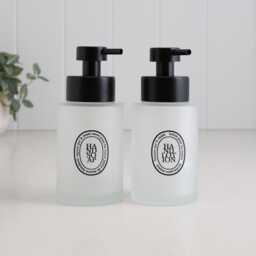 Set Of 2 Frosted Glass Hand Soap & Lotion Dispensers With Black Oval Labels, 250Ml Refillable Bottles Stainless Steel Pump - thumbnail 1