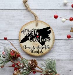 North Carolina Ornament, Rustic Pine Wood Slice, State Home Decor - thumbnail 1