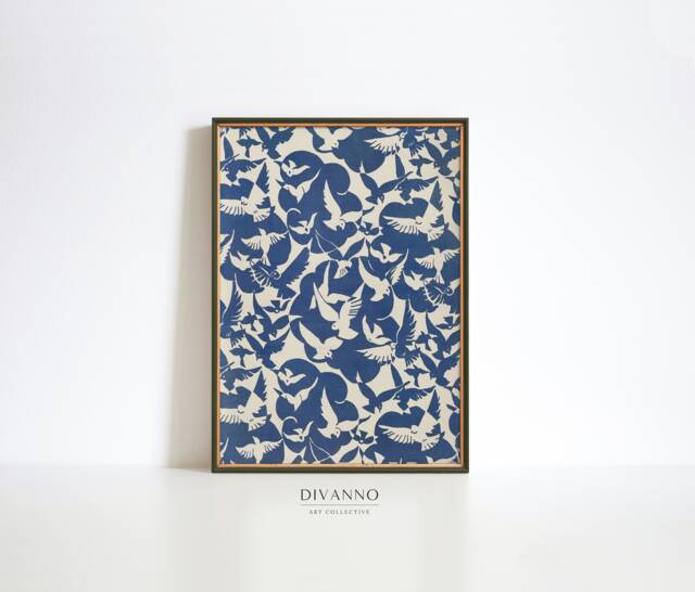 Retro Peace Bird Art Poster, Vintage Pigeons Pattern Printable, Blue & White Wall Decor, 19Th Century Exhibition Print, Gallery Canvas - image 1