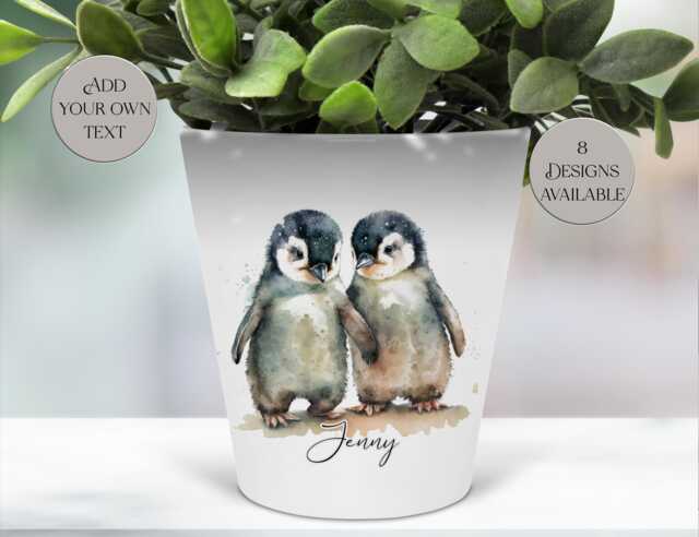 Personalised Watercolour Penguin Plant Pot - Pen/Makeup Brushes Holder, Perfect Gift For Friend Lovers Anniversary - image 1