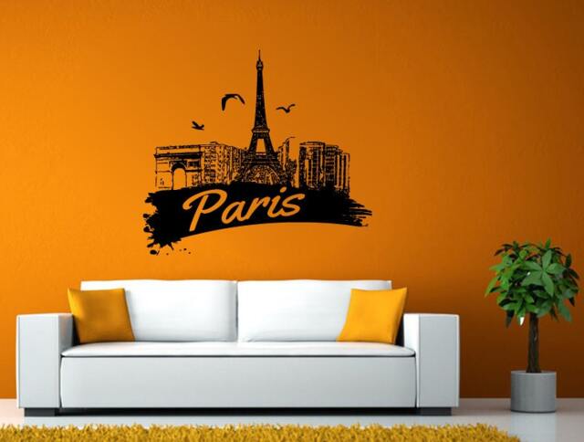 Paris Eiffel Tower Flying Birds City Town Skyline View Wall Or Window Sticker Decal Vinyl Fathead Mural Decor L1960 - image 1