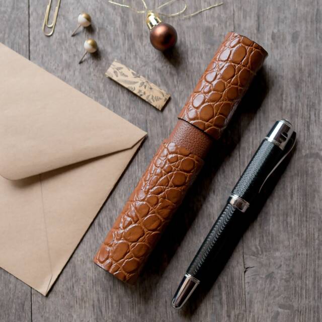 Fountain Pen Case Leather, Single Crocodile Leather Holder, Pen Sleeve Pouch Unisex, Appreciation Gift For Teacher - image 1