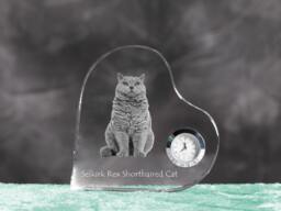 Selkirk Rex Shorthaired - Crystal Clock in The Shape Of A Heart With Image Pure-Bred Cat - thumbnail 1