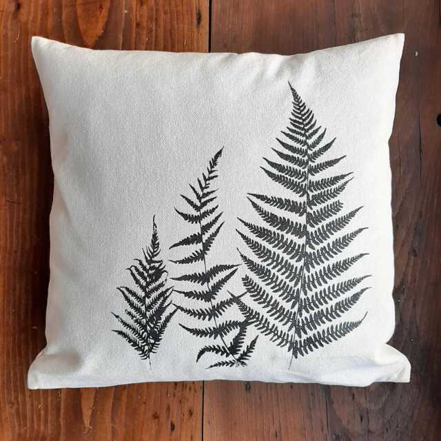 Organic Cotton Pillowcase Hand-Printed With A Black Fern Motif, Screen-Printed Handmade, Pillow Plant Motif - image 1