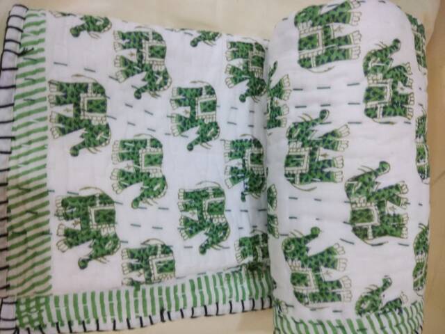 Handmade Kantha Baby Quilt Block Print Cotton Throw - 40x40/40x60 - image 1