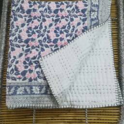 Floral Print Cotton Baby Quilt Hand Block Kantha Blanket - thumbnail 3