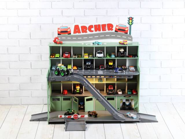 Personalized Toy Car Garage - Wood Plywood, Ramp & Lights - image 1