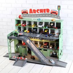 Personalized Toy Car Garage - Wood Plywood, Ramp & Lights - thumbnail 4