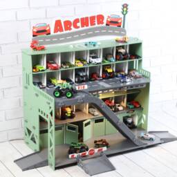 Personalized Toy Car Garage - Wood Plywood, Ramp & Lights - thumbnail 3