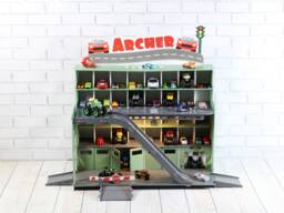 Personalized Toy Car Garage - Wood Plywood, Ramp & Lights - thumbnail 1