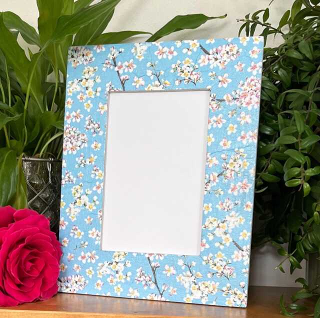 Blossom Floral Decoupaged Photo Frame, Oriental Shabby Chic Wooden Picture Blue & White Flower Decor - image 1