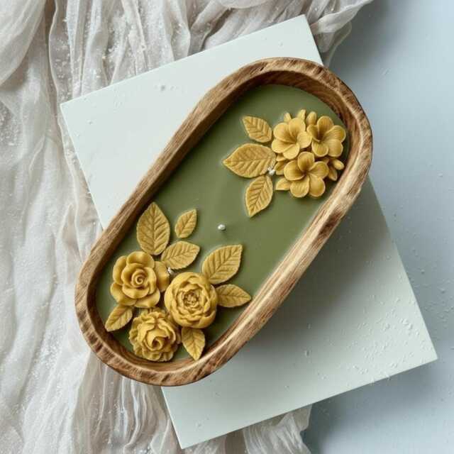 3 Wick Large Floral Dough Bowl Candle, 3D Rose Flower Scented Olive Green Yellow Candle, Flower Home Decor, Floral Gift For Her, Soy Wax Candle - image 1