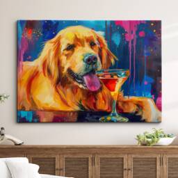 Golden Retriever Cocktail Glass Painting Framed Poster Print & Canvas Wall Decor Art Bar Kitchen Room Dog Gift Pet - thumbnail 1