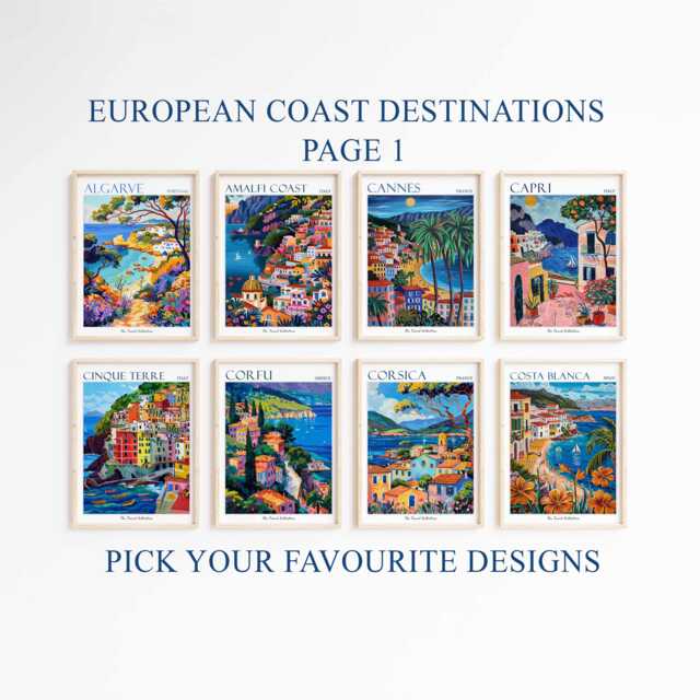 European Coastal Travel Poster Set Amalfi Coast, Capri Prints - image 1