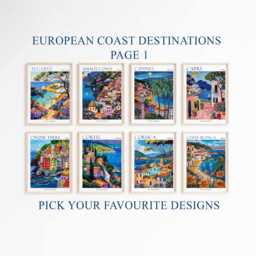 European Coastal Travel Poster Set Amalfi Coast, Capri Prints - thumbnail 1