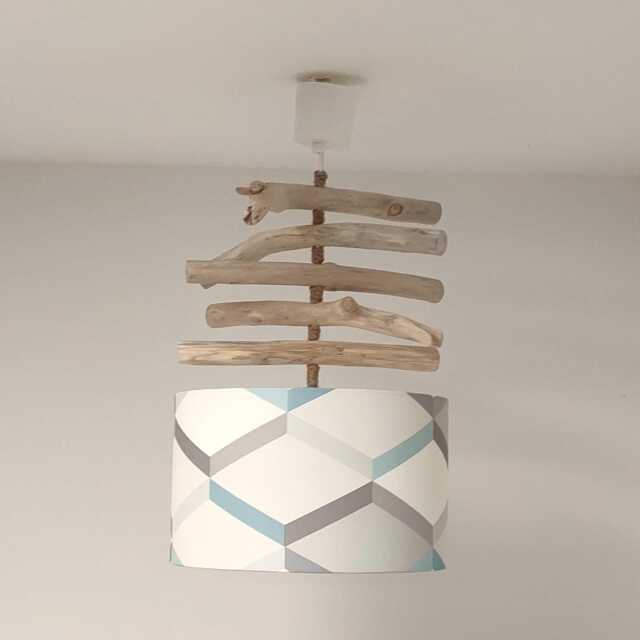 Blue Driftwood Chandelier, Scandinavian Geometric Pendant Light, Handcrafted Natural Light Fixture, Nordic Decor France - image 1