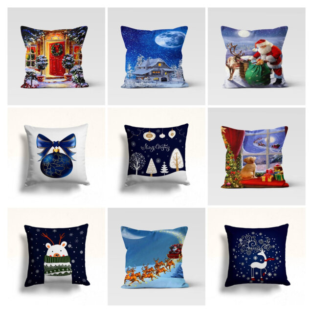 Christmas Pillow Cover-Deer Cushion Cover-Navy Blue Xmas Home Decoration-Santa Gift Bags-Winter Tree & Polar Bear Style - image 1