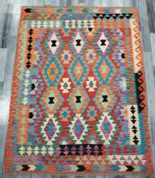 Kilim Rug Multicolour, Handmade Artisan Afghan Turkish, Scandinavian, Navajo, Bohemian Flatweave, Natural Wool 195x152 cm - thumbnail 1