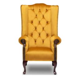 Chesterfield Extra High Back Wing Chair in Golden Soft Velvet & Leather - thumbnail 2