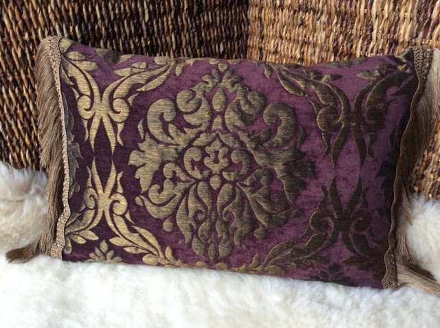 Velvet Brocade Decorative Cushion Cover Purple/Golden Bronze - Fringe Trimmings, Historical Ornaments, Middle Ages, Woven Fabric 40 X 60 cm