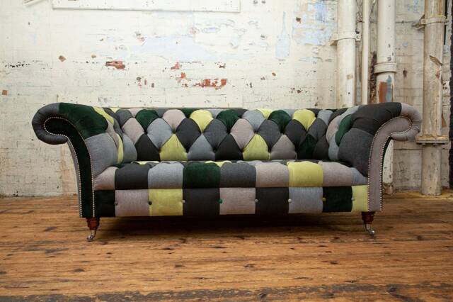 Unique British Handmade 3 Seater Patchwork Chesterfield Sofa - Multicolour Textured Green Velvets & Grey Herringbone Wool - image 1