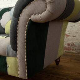 Unique British Handmade 3 Seater Patchwork Chesterfield Sofa - Multicolour Textured Green Velvets & Grey Herringbone Wool - thumbnail 2