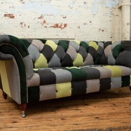 Unique British Handmade 3 Seater Patchwork Chesterfield Sofa - Multicolour Textured Green Velvets & Grey Herringbone Wool - thumbnail 3