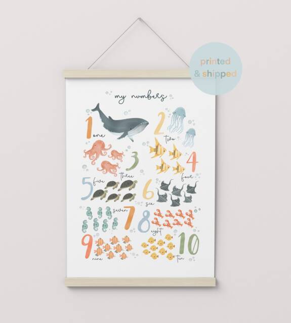 Numbers Print, Sea Animals Under The Ocean Nursery, Educational Scandi Nursery Decor, Playroom Prints, Kids Art - image 1