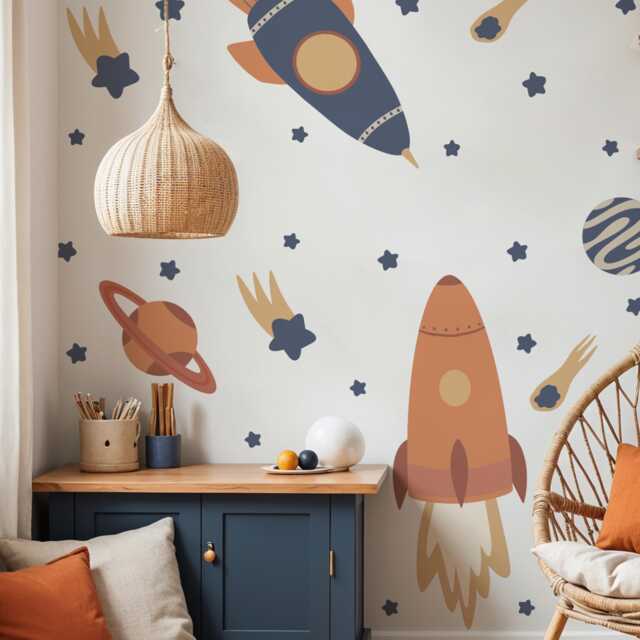 "Boho Space Rocket & Planet Wall Decals - Kids Room Galaxy Stickers, 2 Rockets 10""x26" - image 1