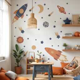 "Boho Space Rocket & Planet Wall Decals - Kids Room Galaxy Stickers, 2 Rockets 10""x26" - thumbnail 2