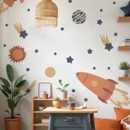 "Boho Space Rocket & Planet Wall Decals - Kids Room Galaxy Stickers, 2 Rockets 10""x26" - thumbnail 3