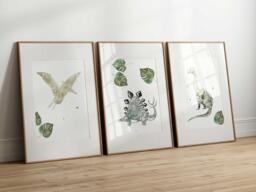 Dinosaur Trio Prints - Boys' & Kids' Room Wall Art Dinos - Monstera Green, Navy Prehistoric Nature Decor - thumbnail 1