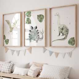 Dinosaur Trio Prints - Boys' & Kids' Room Wall Art Dinos - Monstera Green, Navy Prehistoric Nature Decor - thumbnail 2