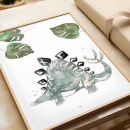 Dinosaur Trio Prints - Boys' & Kids' Room Wall Art Dinos - Monstera Green, Navy Prehistoric Nature Decor - thumbnail 3