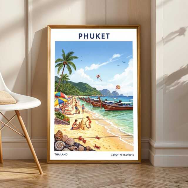 Phuket Beach Scene Poster Vintage Tropical Travel Gouache Art - image 1
