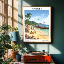 Phuket Beach Scene Poster Vintage Tropical Travel Gouache Art - thumbnail 2