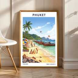 Phuket Beach Scene Poster Vintage Tropical Travel Gouache Art - thumbnail 1