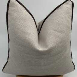 Beige Linen Throw Pillow Cover With Brown Pipping, Oatmeal Color Linen, Beige Pillowcase, Textured Cushion Pllowcase, 20x20 - thumbnail 2