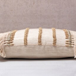 Beige Boho Pillow Cover, Embroidered Cotton Cushion With Tassels & Wooden Beads, Handmade - thumbnail 4