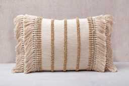 Beige Boho Pillow Cover, Embroidered Cotton Cushion With Tassels & Wooden Beads, Handmade