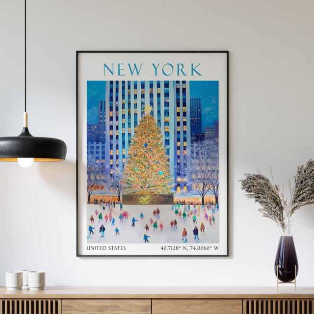 New York Print, Rockerfeller Centre Christmas Tree, New York Poster, Lover, Art, Christmas, Winter - image 1