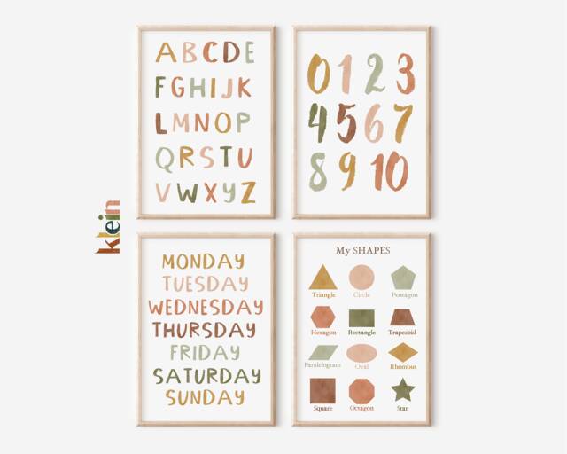 Educational Nursery Prints, Alphabet, Numbers, Shapes, Days - Set Of 4 - image 1
