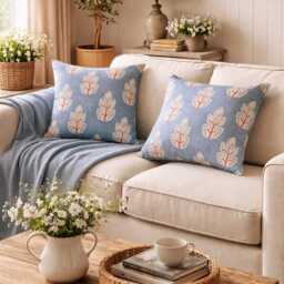 Teal Nordic Leaf Cushion Cover - Botanical Linen Look Pillow Case - thumbnail 3