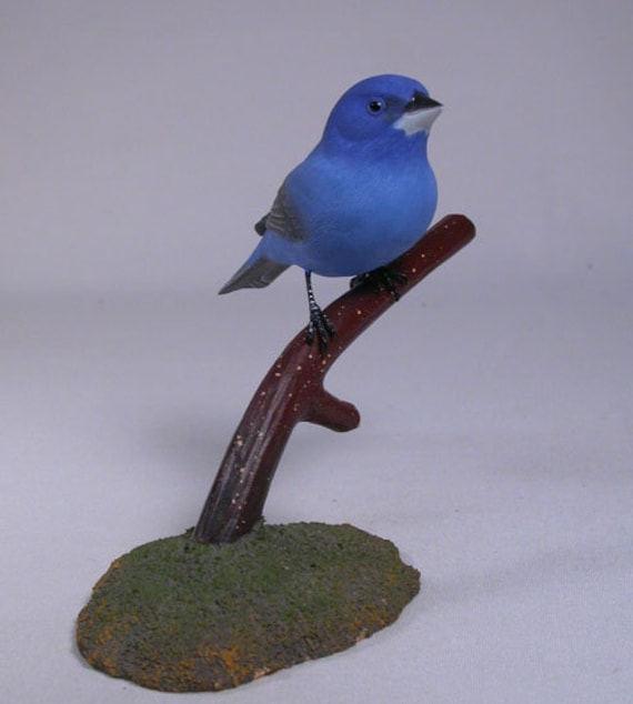 Indigo Bunting On Branch Hand Carved Wooden Bird