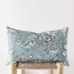 Blue Floral Lumbar Pillow Cover - Printed Organic Cotton Cushion